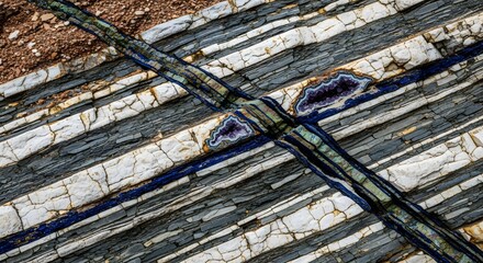 A striking geological cross-section reveals a deep blue mineral vein with amethyst geodes embedded within the layered stone