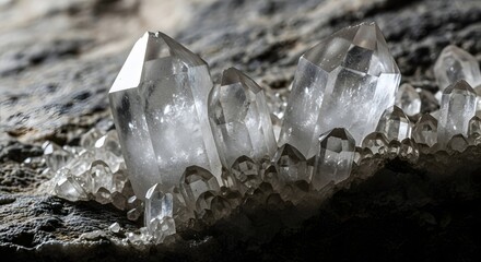 A stunning macro view of a natural cluster of transparent quartz rock crystals growing from a dark mineral matrix