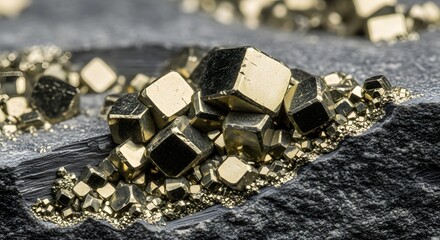 Close-up of pyrite crystals, also known as fool's gold, on a dark rock surface, mineral