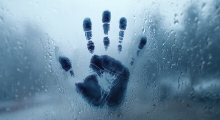 Vibrant photo of a handprint pressed against a frosted glass surface outdoors