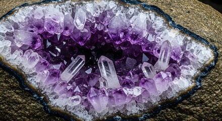 Close-up of a dazzling amethyst geode showcasing its sparkling purple crystals and rough, earthy exterior