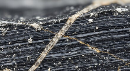 Detailed macro photography of a natural black stone surface with a striking diagonal quartz vein, revealing intricate geological textures and layers