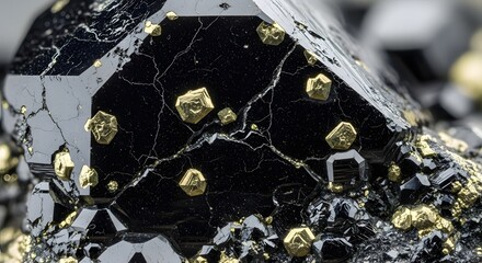 A detailed macro photograph showcasing brilliant golden pyrite crystals on a dark, faceted mineral ore