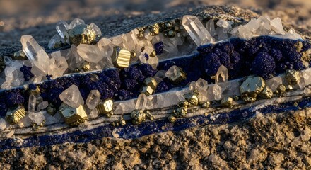 Close-up of a beautiful geode revealing layers of blue lapis lazuli, quartz crystals, and golden pyrite