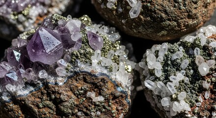 Close-up view of natural amethyst crystals clustered on a rocky surface, showcasing their unique formations and sparkling facets