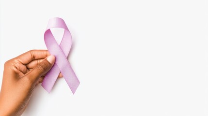 Hope Ribbon: A hand gently cradles a lavender ribbon, a symbol of awareness and support, against a serene backdrop, evoking a sense of care and solidarity.