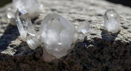 Close-up of sparkling quartz crystals in a natural formation on a textured rock surface
