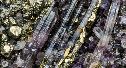 Close-up of sparkling purple amethyst and golden pyrite crystals, revealing intricate geological formations and mineral beauty