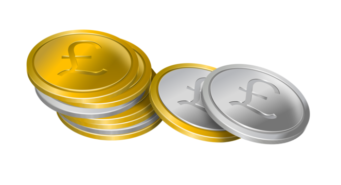 A stack of gold and silver coins, featuring pound sterling currency symbol on each coin. Money concept, isolated on transparent background.