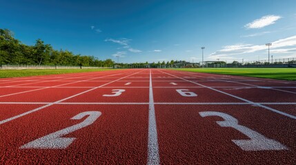 Close-Up View of an Empty Running Track Under Clear Blue Sky with Green Grass Fields and Athletic Facilities in the Background