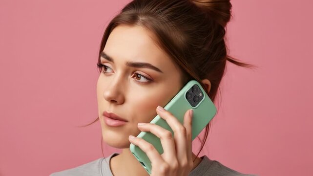 Woman on phone in light pink setting