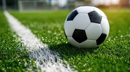 Fototapeta premium Close-Up of a Black and White Soccer Ball on a Green Grass Pitch with White Line Marking in a Sunny Outdoor Setting