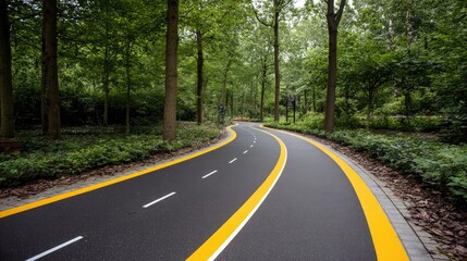 Fototapeta premium Curved Pathway Through Lush Green Trees in a Serene Park Setting with Bright Yellow Lane Markings Inviting Peaceful Walks and Biking Adventures