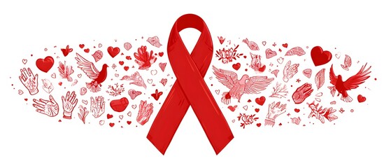 Prominent awareness ribbon design centered amidst a scattering of symbolic red illustrations