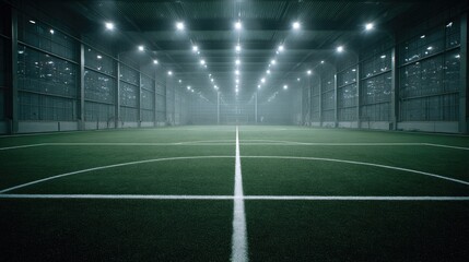 Indoor Soccer Field with Artificial Lighting and Green Grass Surface in Urban Setting for Sports Events and Training Activities at Night