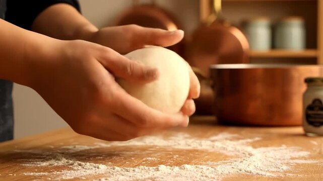 Hands kneading dough on a wooden table with flour dusting and kitchenware in the background