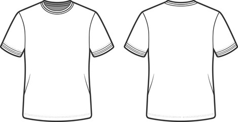 Plain white t shirt front back view, short sleeve round neck apparel template, blank fashion garment mockup, unisex clothing design outline, technical sketch illustration