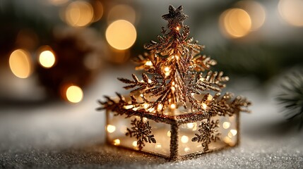 Sparkling glitter gift box, gold and bronze, in the shape of a Christmas tree with a glowing star