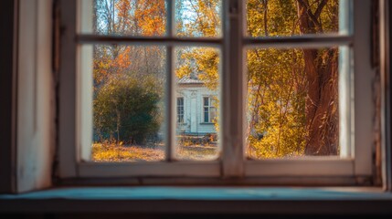 Autumnal Vista: A quaint window frame, offering a framed view of an autumn day. Through the window, vibrant foliage frames a building, captured in the warm hues of the season.