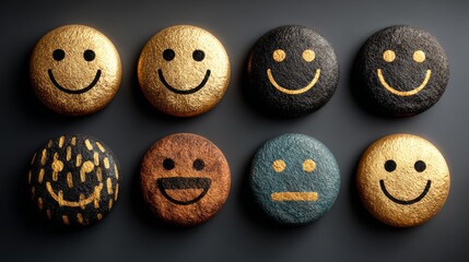 Obraz premium Collection of textured emoji faces, gold and black, representing different emotions and feedback