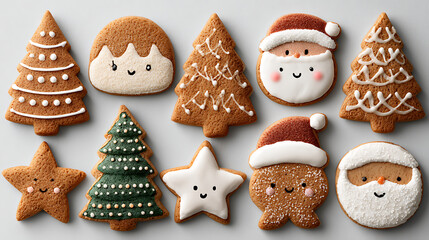 Top-view composition of multiple gingerbread cookies shaped as Christmas trees, stars, and Santa faces, arranged artistically for product mockup presentation, photorealistic details, isolated on white