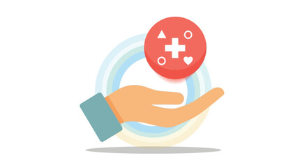 A hand holding a red circle with medical symbols including a cross, heart, and triangle, representing health and care