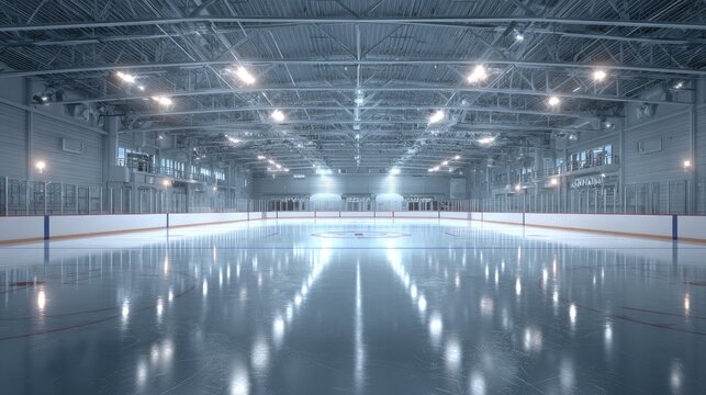 Empty Ice Rink Interior with Bright Lighting and Smooth Ice Surface Ready for Hockey or Figure Skating Events