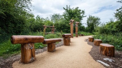Tranquil outdoor fitness area designed with natural wood logs, surrounded by lush greenery and a soft gravel path, perfect for exercise and relaxation in nature