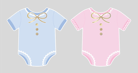 Two Baby Onesies in Blue and Pink with Golden Bow and Buttons Illustration