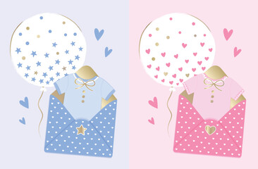 Blue and Pink Baby Onesies with Balloons Envelopes Hearts Stars Illustration for Baby Shower