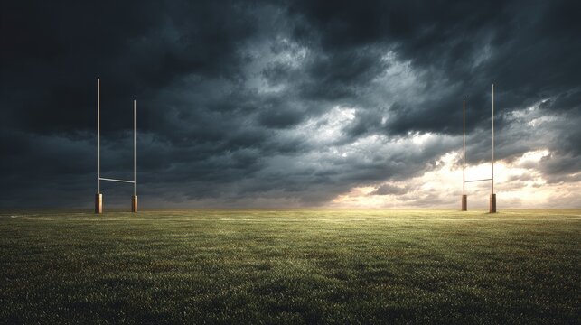 Dramatic Rugby Field Under Dark Stormy Sky with Lightning and Bright Horizon at Dusk