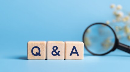 Q&A concept: A visually captivating composition where the letters Q and A are neatly arranged on wooden blocks, symbolizing inquiry and providing answers. A magnifying glass subtly rests beside.