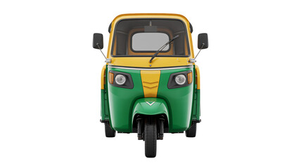 Bright yellow and green auto rickshaw front view ready for transport