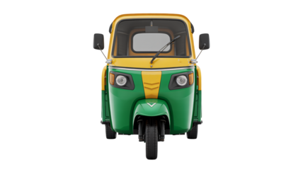 Bright yellow and green auto rickshaw front view ready for transport