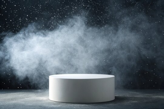 hite cylindrical podium on dark textured backgroud