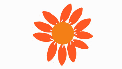 An orange flower with a circular center and petals radiating outward on white background