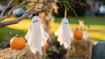 Halloween's Ghostly Charm: Delicate, homemade ghost decorations suspended from a tree branch, creating a playful and slightly eerie Halloween scene with pumpkins.
