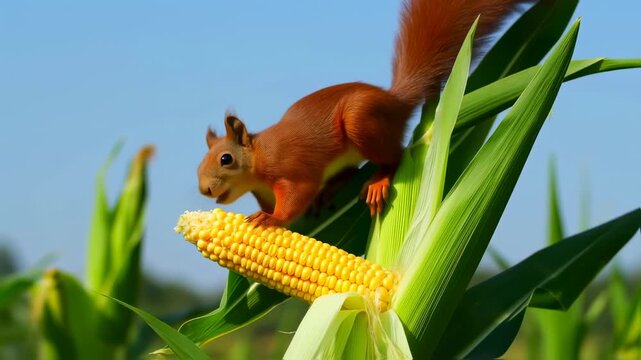 A cute red squirrel eating corn on the field, adorable wildlife moment