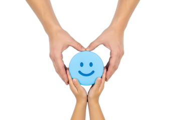 Parent and child hands form a heart around a blue smiley face, symbolizing family love, care, happiness, and emotional support for wellbeing.