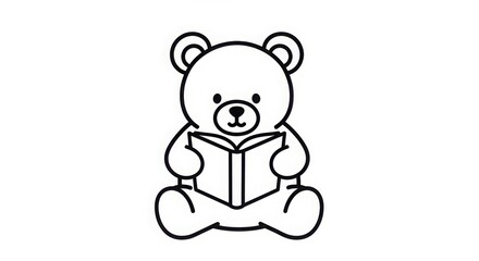 Simple line drawing of a teddy bear reading a book