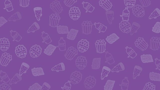 Animation food seamless pattern purple background filled with illustrations of cupcakes, ice cream, and sweets. Perfect for sweetthemed designs, bakery promotions, and dessert menus.
