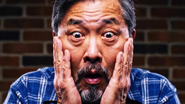 A close-up of a surprised, middle-aged man with wide eyes, holding face against brick wall