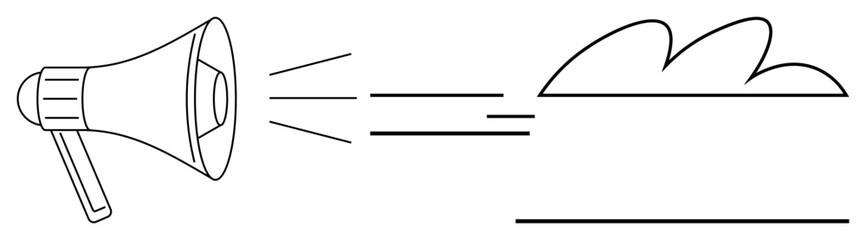Megaphone emitting sound waves towards a cloud icon. Ideal for communication, announcement, marketing, broadcasting, media, sound, teamwork concepts. Simple flat metaphor