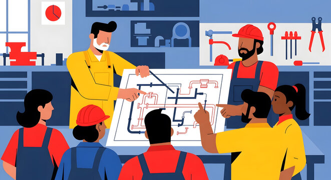 Team of engineers reviewing blueprints for construction and renovation projects - Powered by Adobe