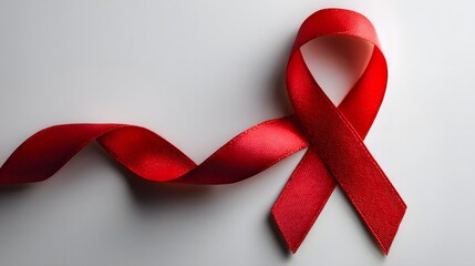 Bright red awareness ribbon symbol lies diagonally across a light surface