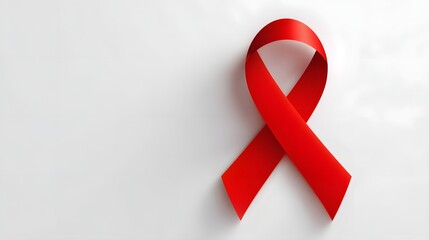 Bright red awareness ribbon positioned on a clean white background with ample copy space
