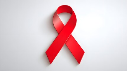 Bright red awareness ribbon rests diagonally on a clean white background with ample copy space