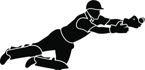 Silhouette of a cricket player diving to catch a ball
