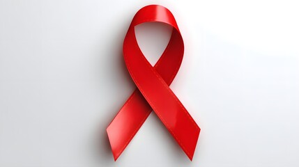 Shiny red awareness ribbon symbol rests against a plain bright surface