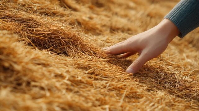 Hand touching dry straw stack with warm texture and gentle mood hand touching hay fingertip brushing dry straw texture autumn harvest cozy tactile
